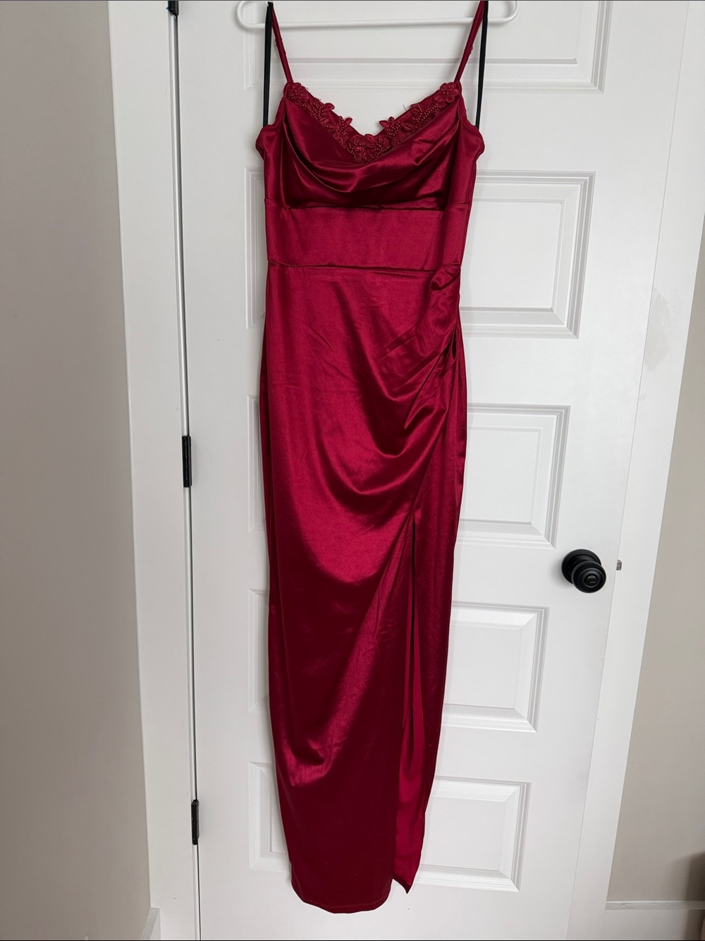 Windsor Satin Lace-Trim Formal Dress in Burgundy
